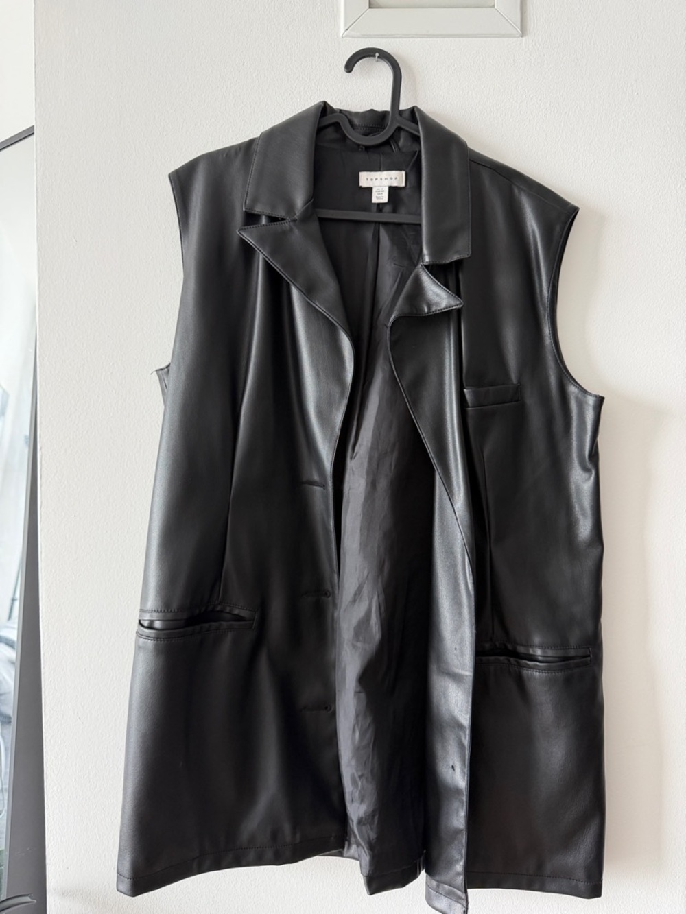 TOPSHOP Sleeveless Faux Leather Long Vest Jacket - Black